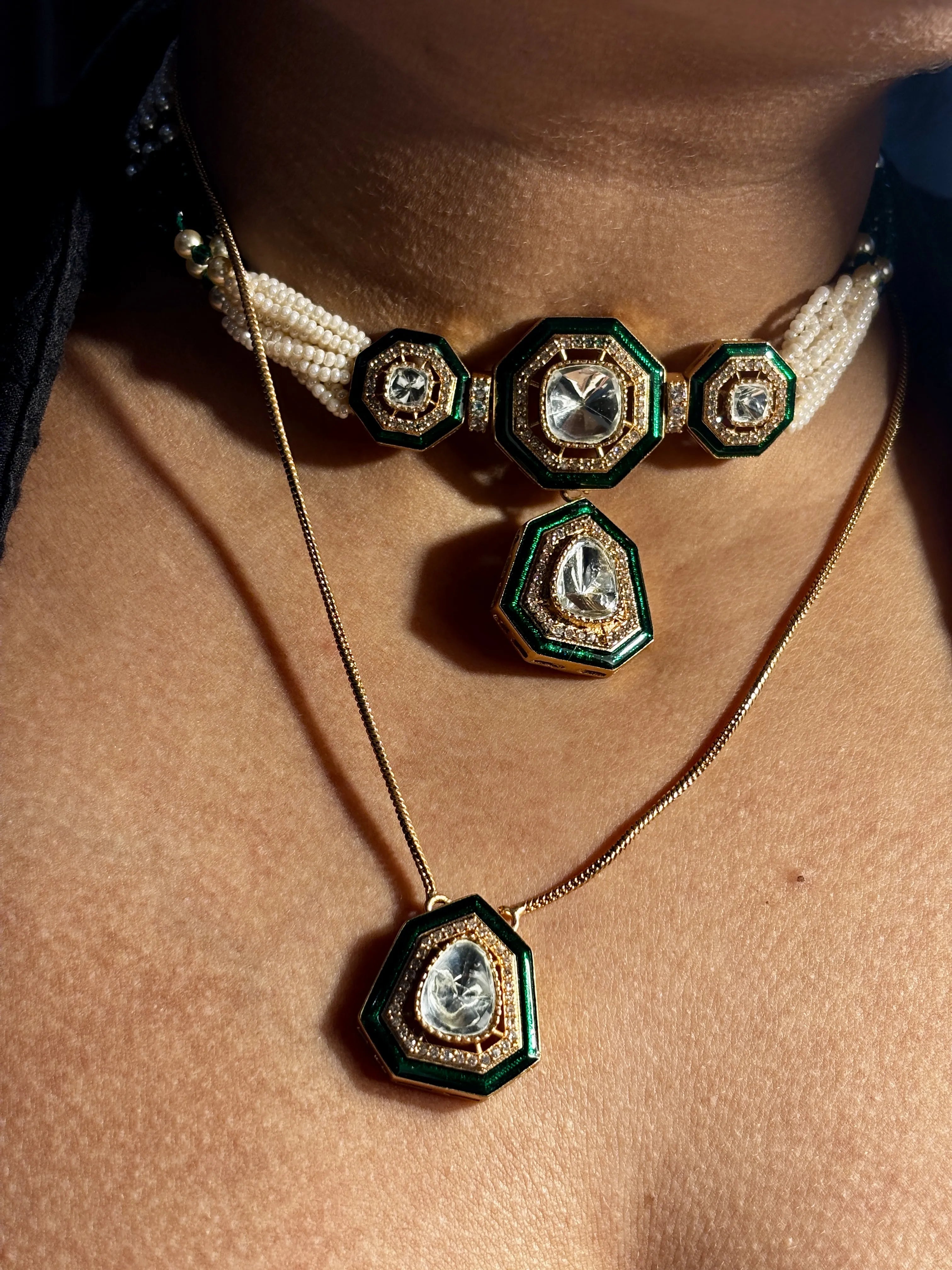 Double Layer Green Pendant Set With Moissanite Stones