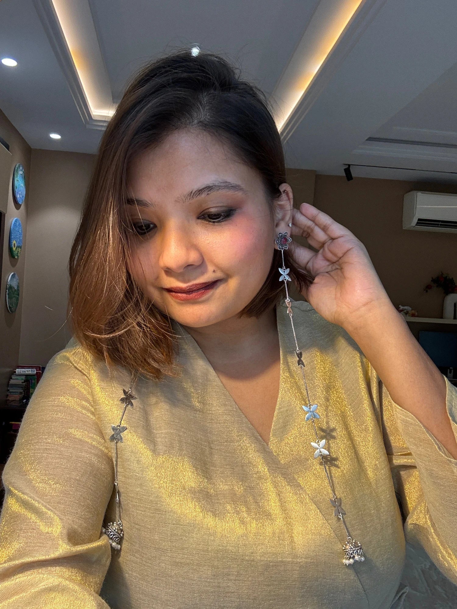 Midas Red Silver Bloom Chain Drop Earrings