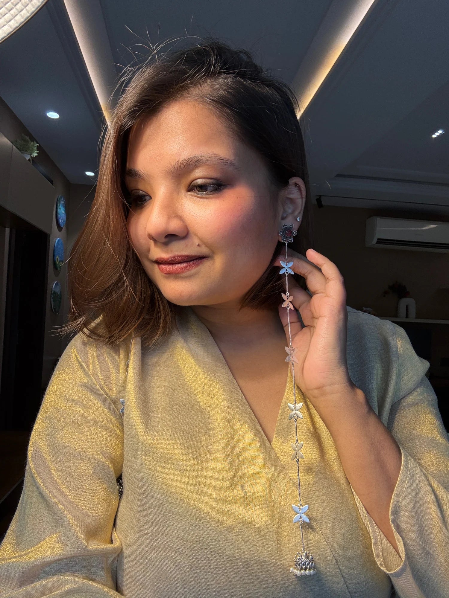 Midas Red Silver Bloom Chain Drop Earrings