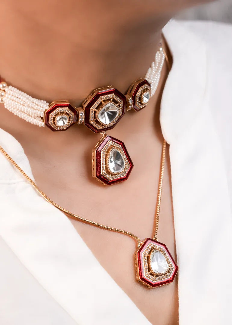 Double Layer Pendant Set With Red Meenakari