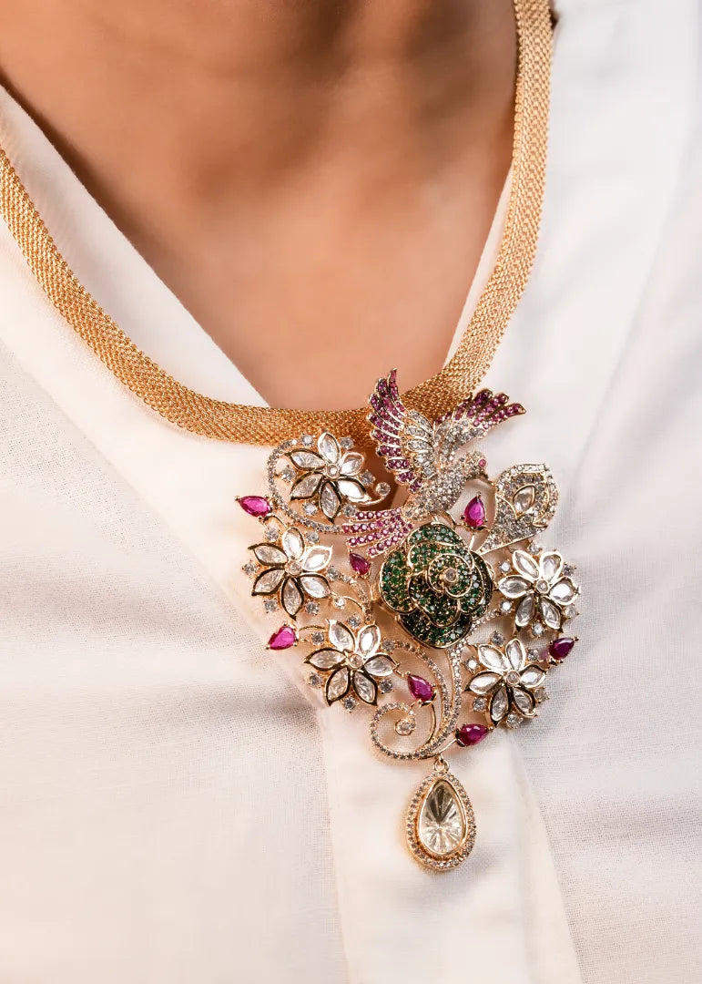 Treasured Ruhaani Red Green Pendant Set with Bird Motifs