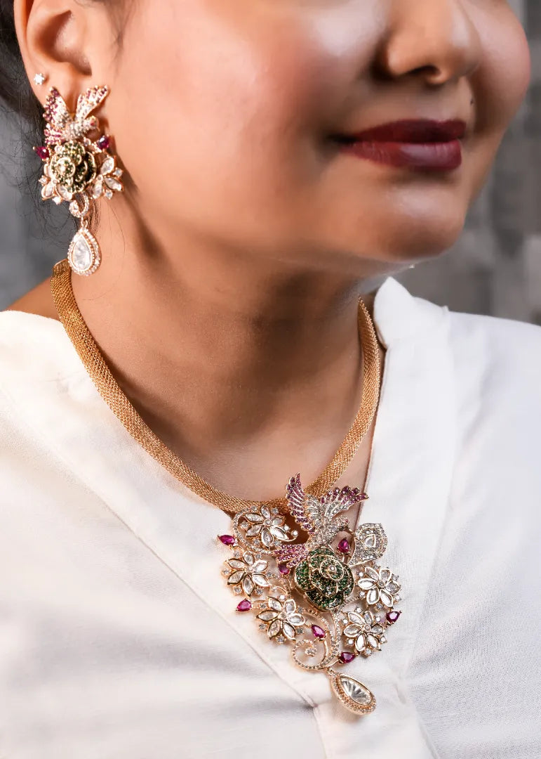 Treasured Ruhaani Red Green Pendant Set with Bird Motifs