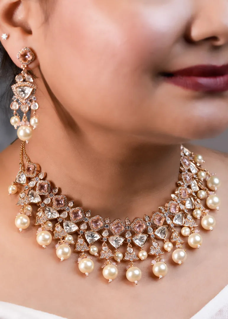 Laleh Pink Sapphire Kundan Set With Pearl Droppings
