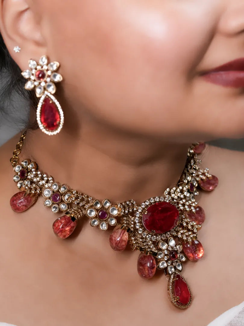 Reyaana Ruby Doublet Stone Necklace with Semi Precious stones