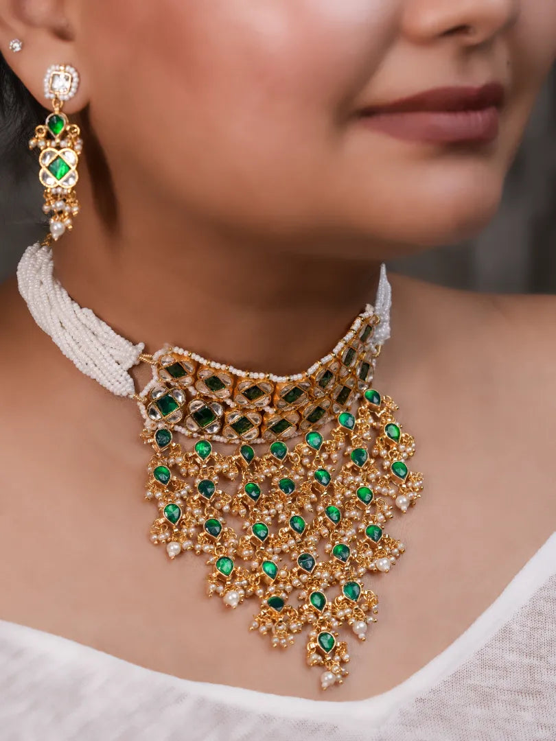 Roohdaari Waterfall Necklace With Green Stones