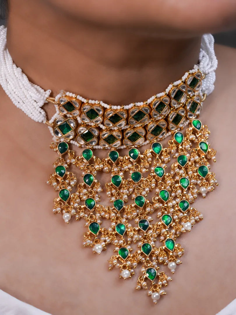 Roohdaari Waterfall Necklace With Green Stones