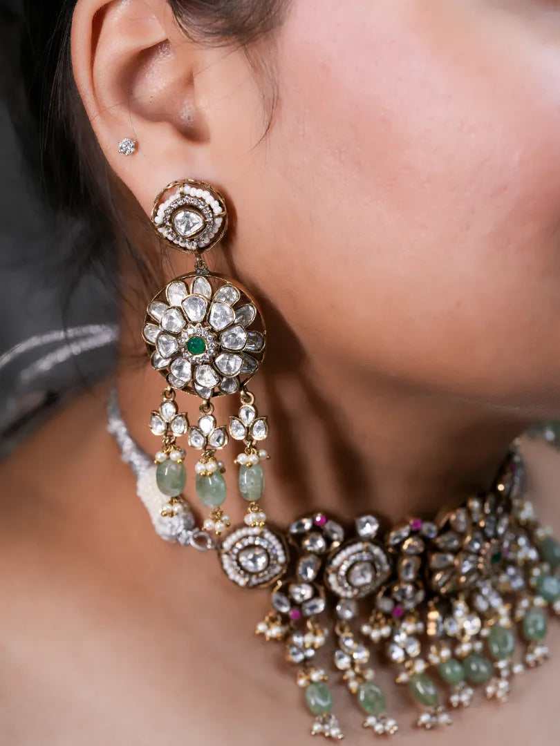 Mint and Pink Victorian Choker with Moissanite Stones With Flower Centrepiece