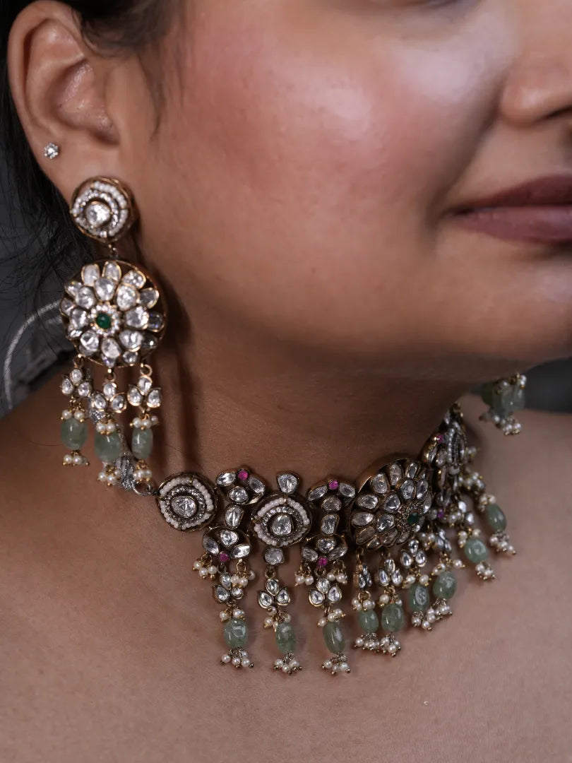 Mint and Pink Victorian Choker with Moissanite Stones With Flower Centrepiece
