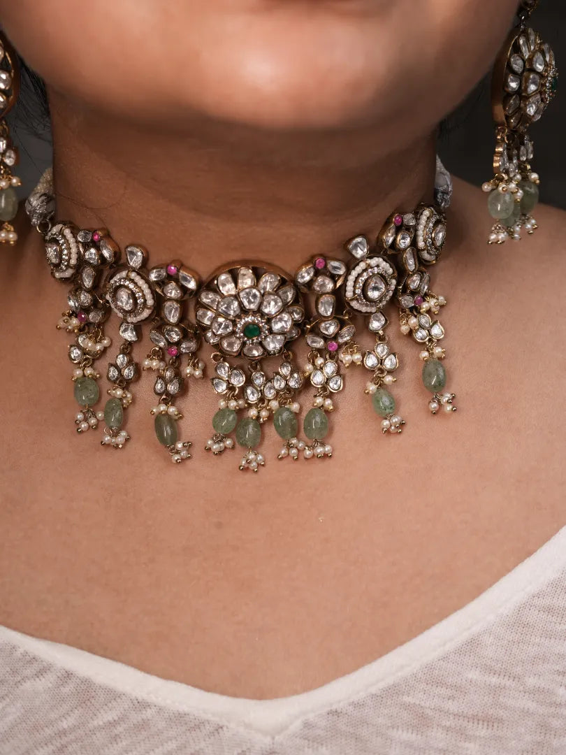 Mint and Pink Victorian Choker with Moissanite Stones With Flower Centrepiece