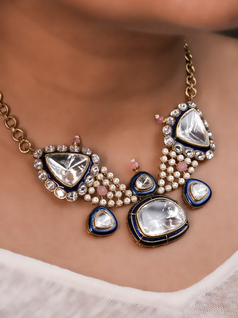 Rubaroo Uncut Kundan Set With Blue Meenakari