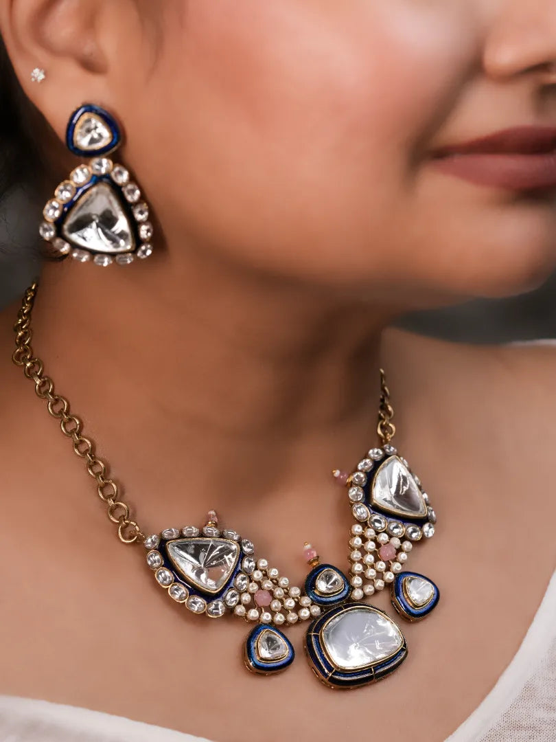 Rubaroo Uncut Kundan Set With Blue Meenakari