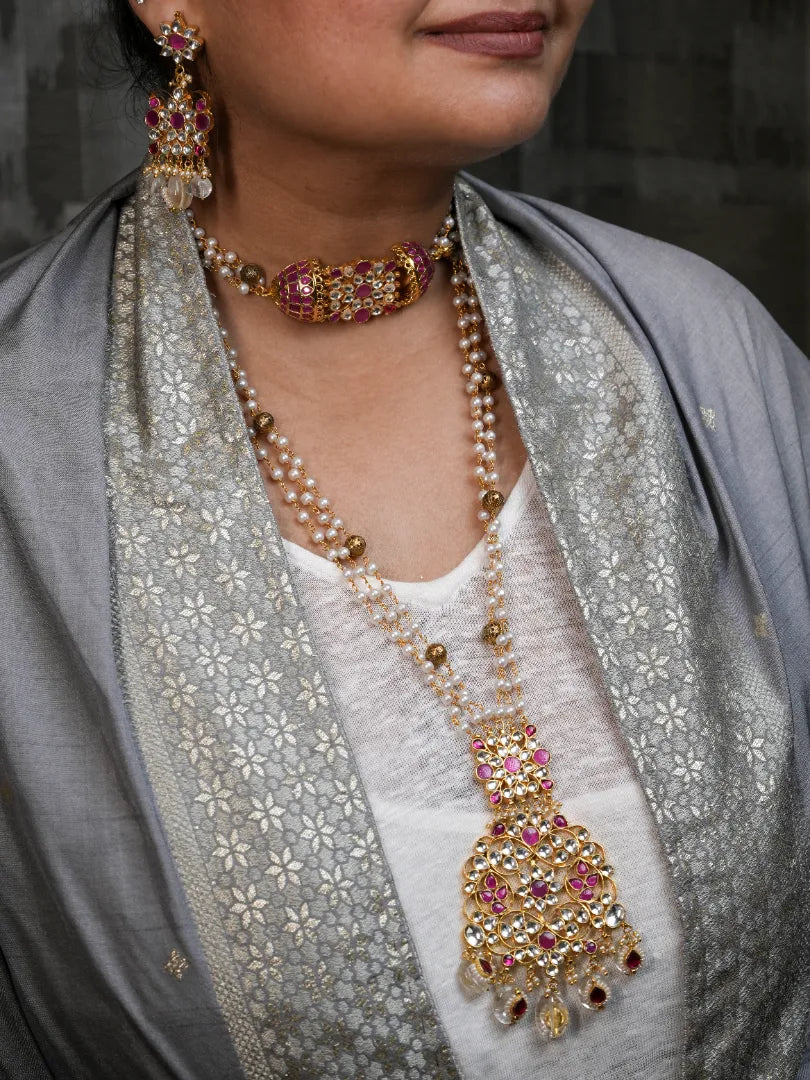 Paachi Kundan White and Red Semi Precious Two Layered Necklace
