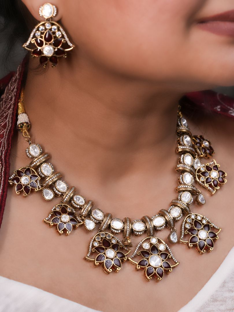 Maroon Flower Gold Plated Necklace