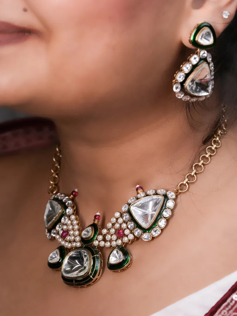 Rubaroo Uncut Kundan Set With Green Meenakari