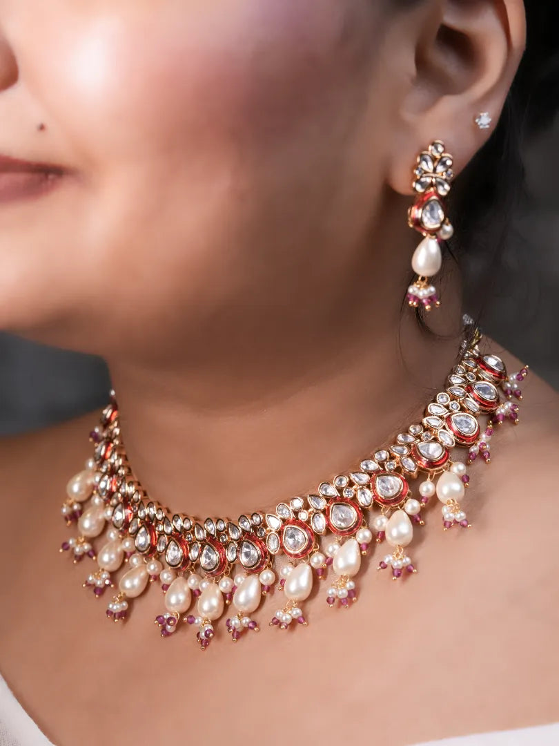 Red Meenakari Kundan set with White Hydro Pearl Droppings