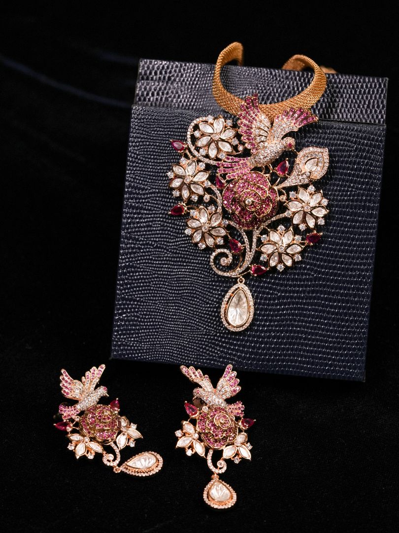 Treasured Ruhaani Red Pendant Set with Bird Motifs
