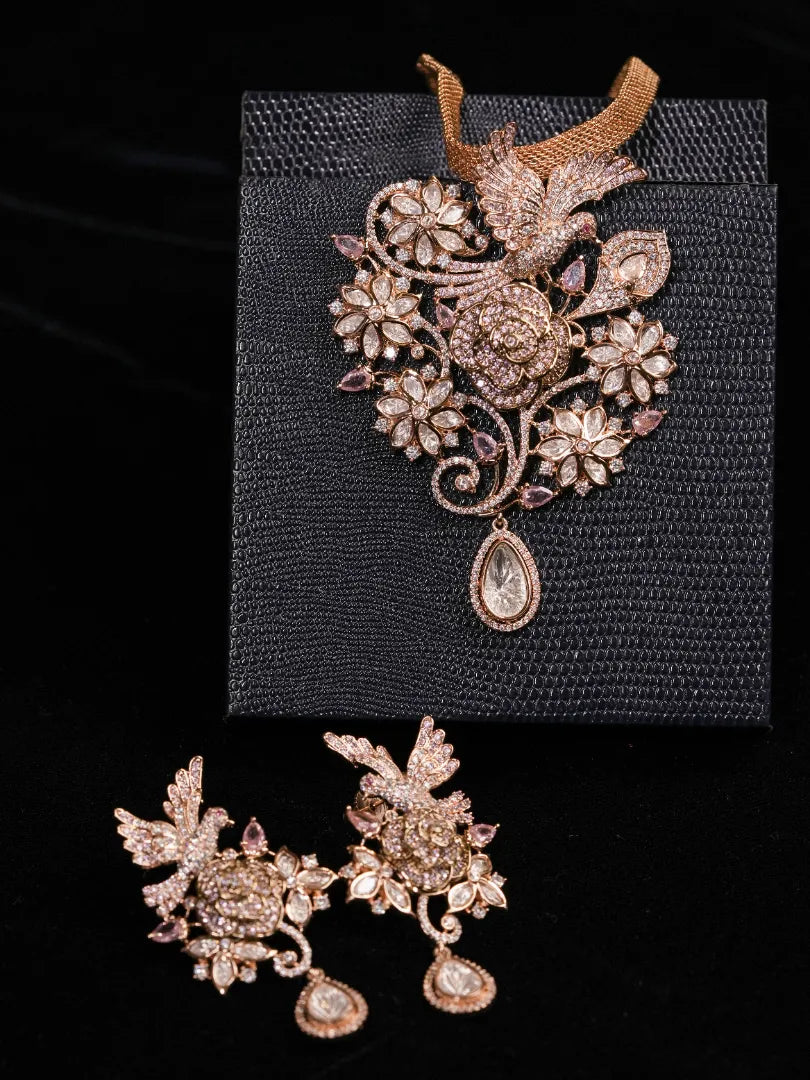 Treasured Ruhaani Pink Pendant Set with Bird Motifs