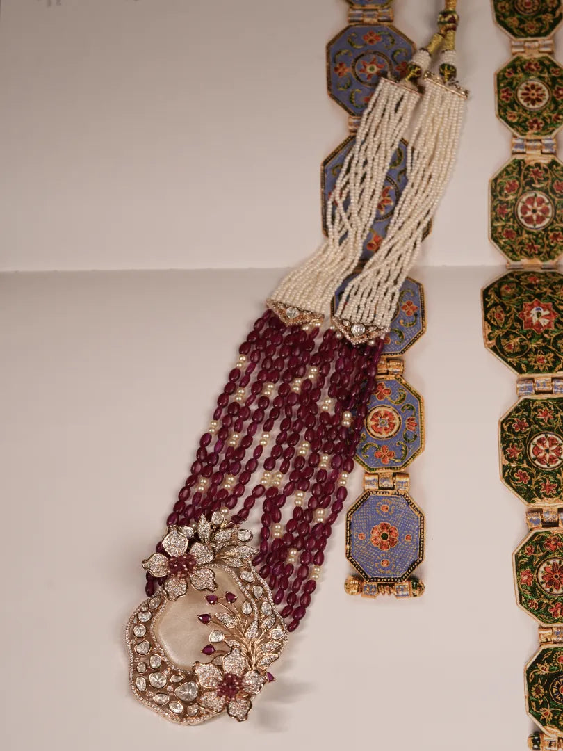 Mother Of Pearl Raani Haar With Ruby Hydro Beads