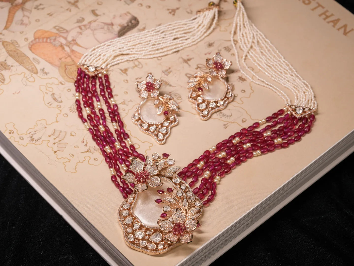 Mother Of Pearl Raani Haar With Ruby Hydro Beads