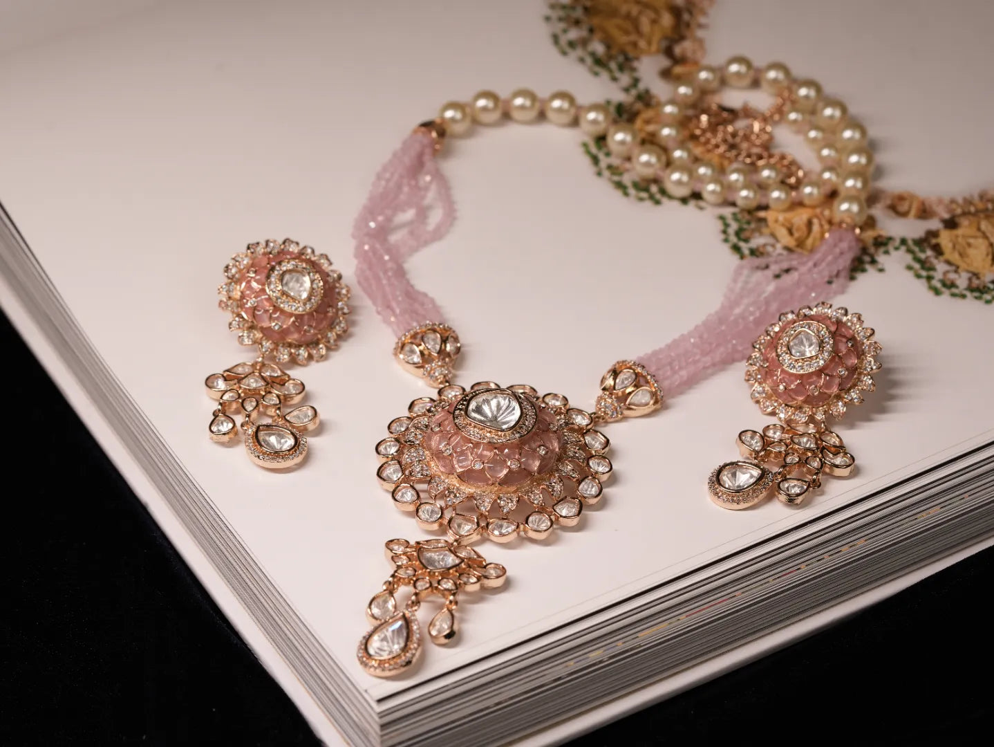 Pink Enameled Kundan Raani Haar with Round Centre Pendant with Pearl Drawstrings