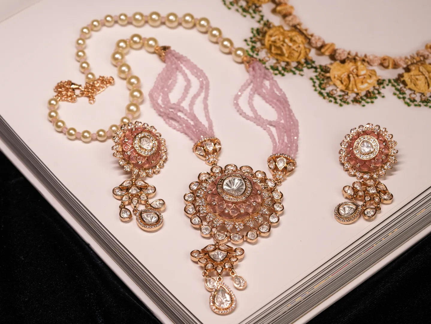 Pink Enameled Kundan Raani Haar with Round Centre Pendant with Pearl Drawstrings