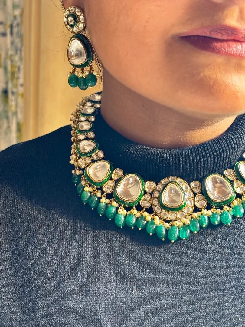 Green Uncut Kundan Necklace with Green Beads
