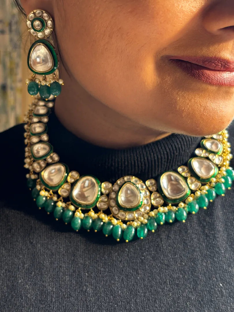 Green Uncut Kundan Necklace with Green Beads