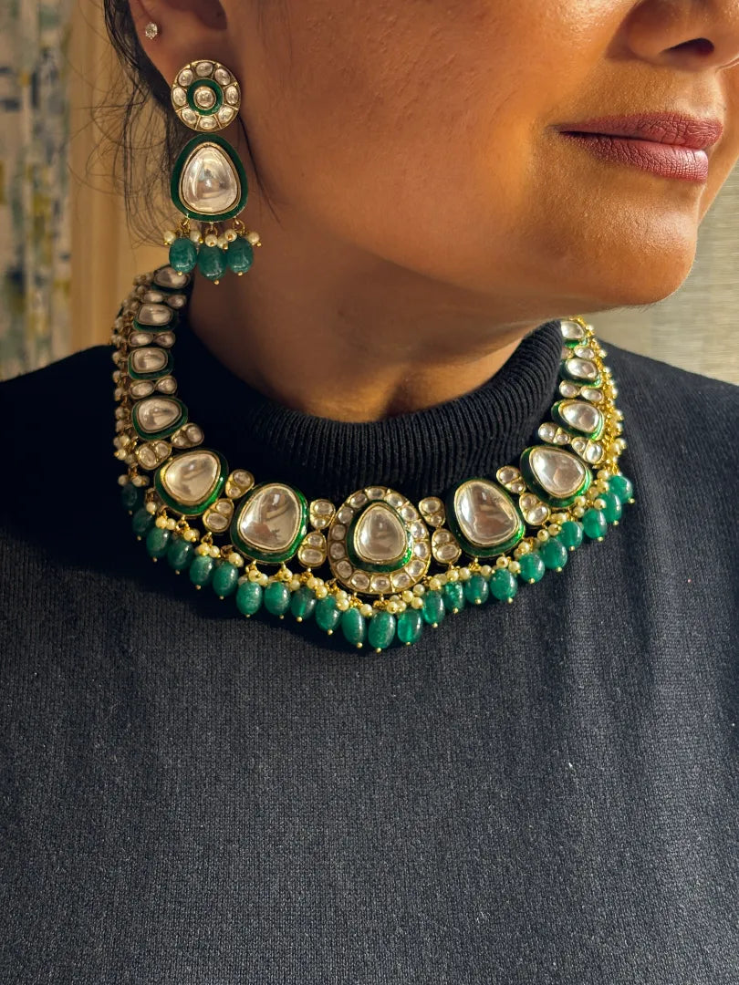 Green Uncut Kundan Necklace with Green Beads