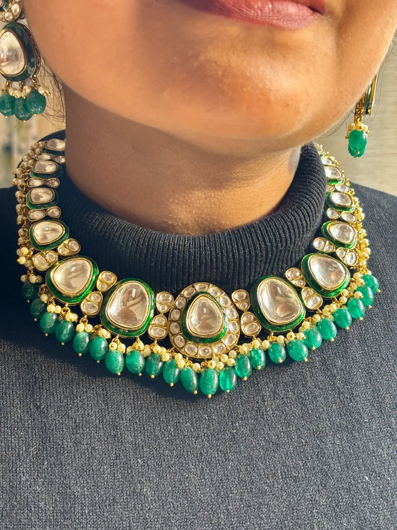 Green Uncut Kundan Necklace with Green Beads