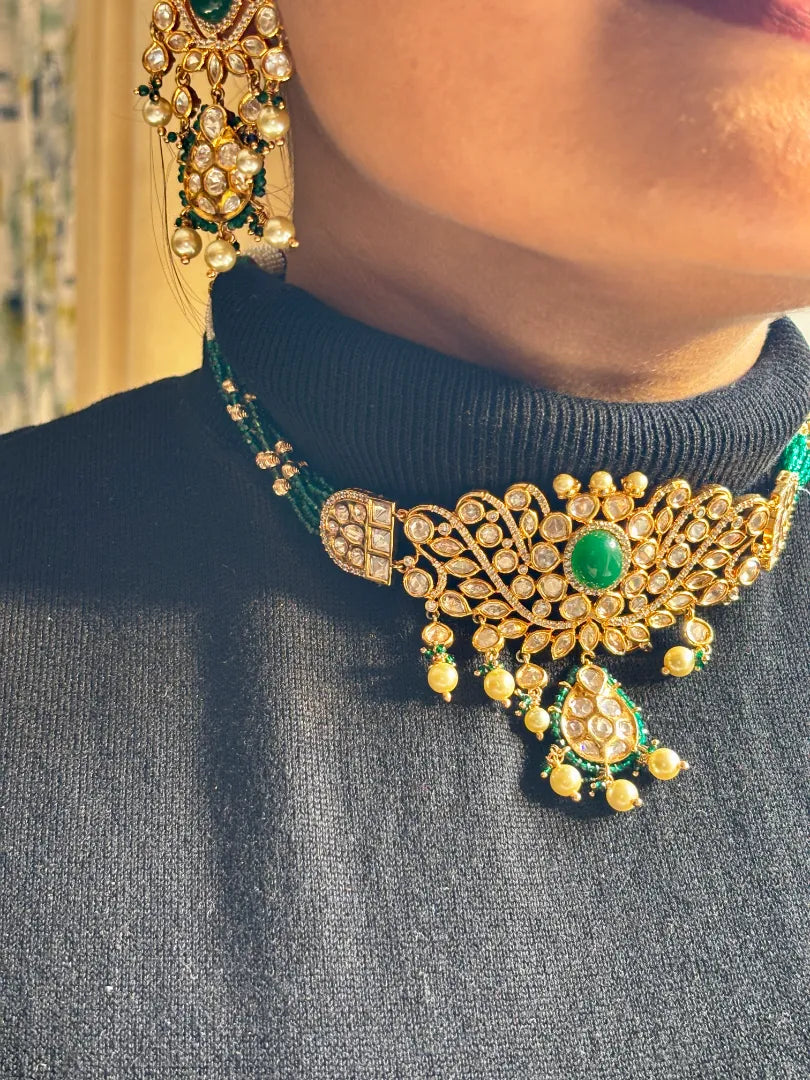 Statement Choker with Kundan petals With Green Hydro Beads