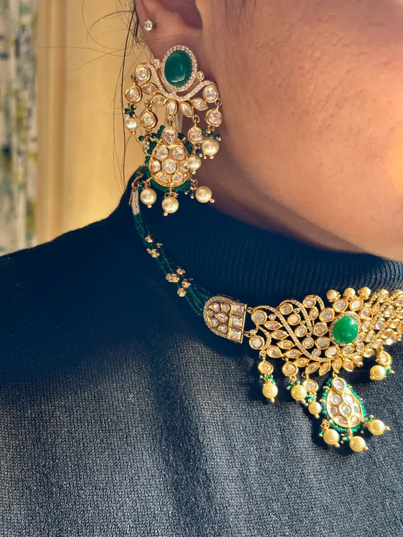 Statement Choker with Kundan petals With Green Hydro Beads