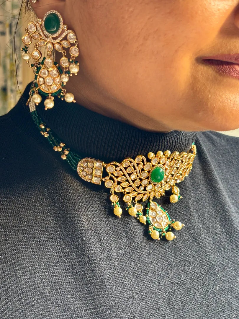 Statement Choker with Kundan petals With Green Hydro Beads