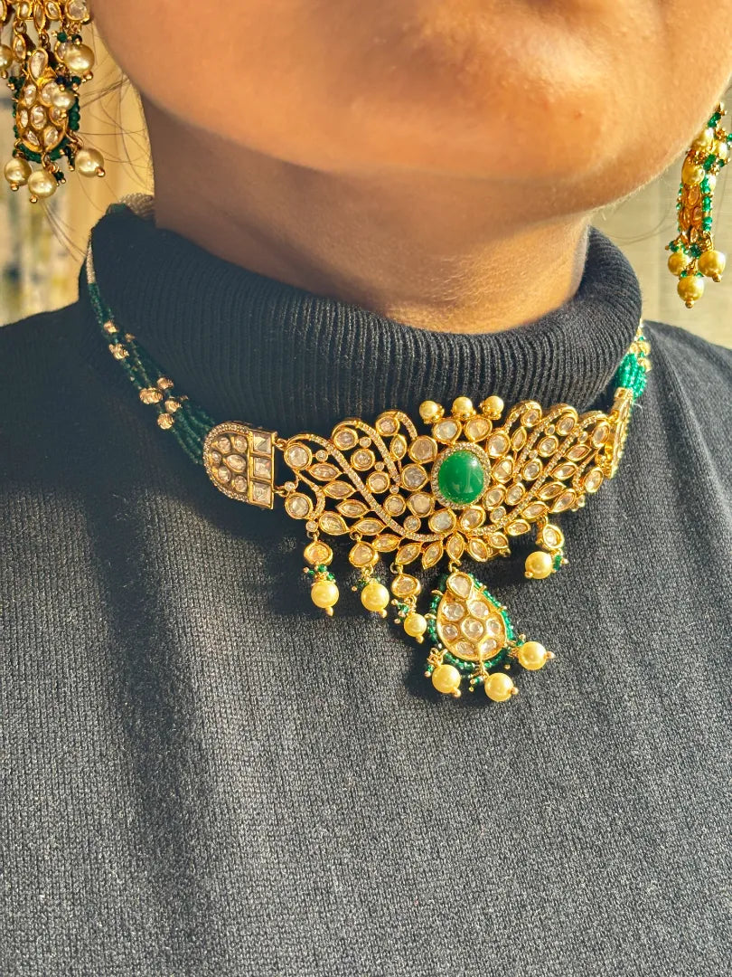 Statement Choker with Kundan petals With Green Hydro Beads