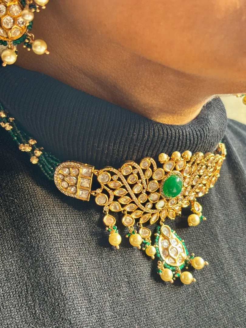 Statement Choker with Kundan petals With Green Hydro Beads