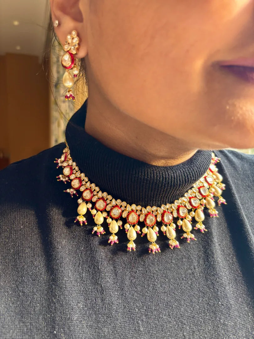 Red Meenakari Kundan set with White Hydro Pearl Droppings