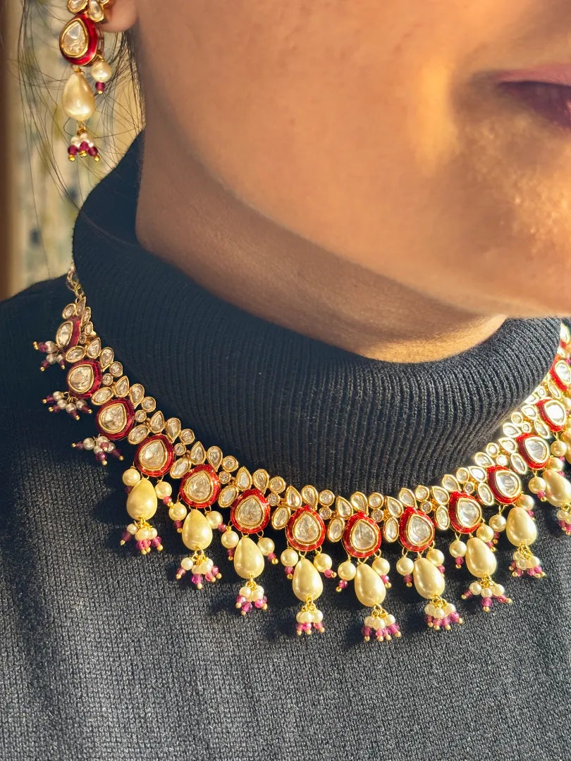 Red Meenakari Kundan set with White Hydro Pearl Droppings