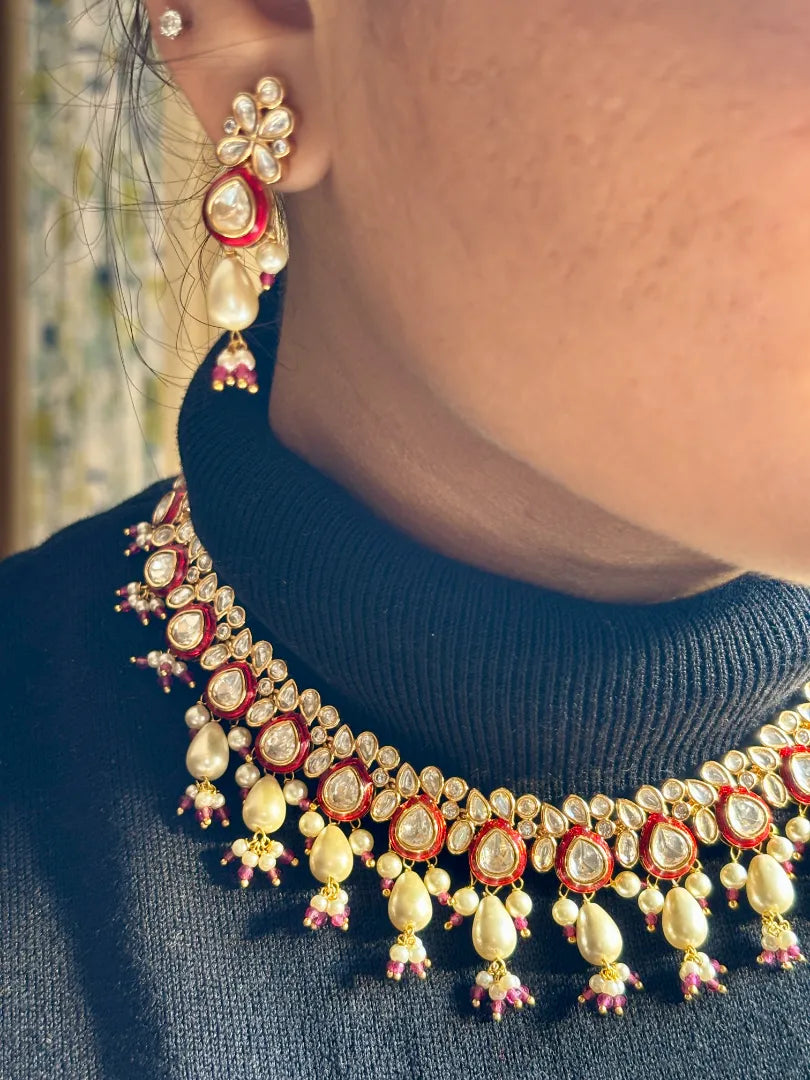 Red Meenakari Kundan set with White Hydro Pearl Droppings