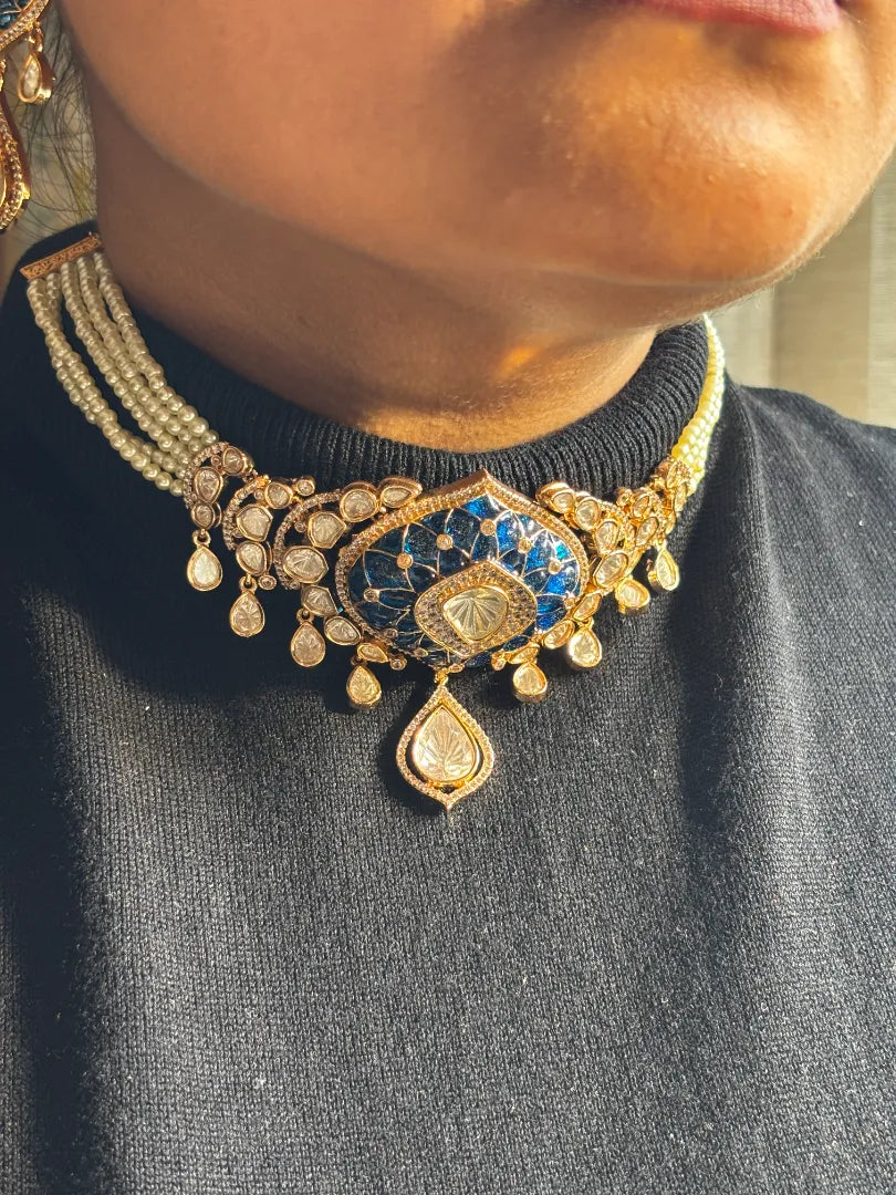 Royal Blue Enameled Kundan Choker