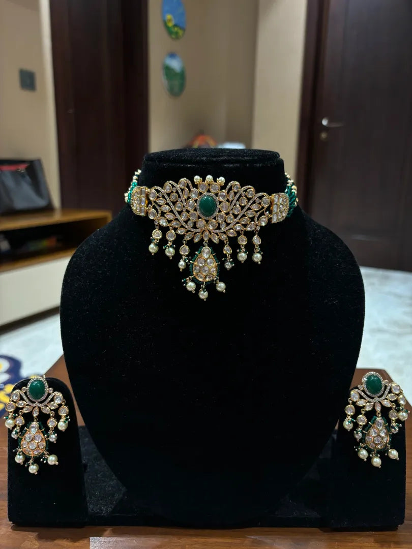 Statement Choker with Kundan petals With Green Hydro Beads