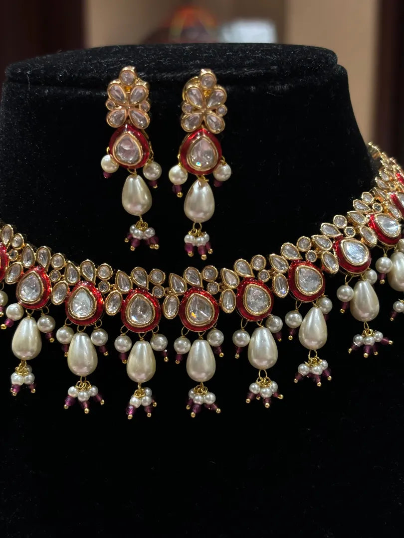 Red Meenakari Kundan set with White Hydro Pearl Droppings