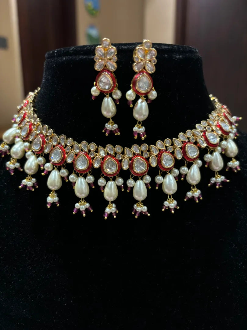 Red Meenakari Kundan set with White Hydro Pearl Droppings