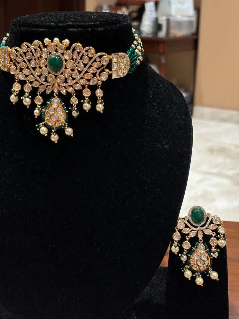 Statement Choker with Kundan petals With Green Hydro Beads